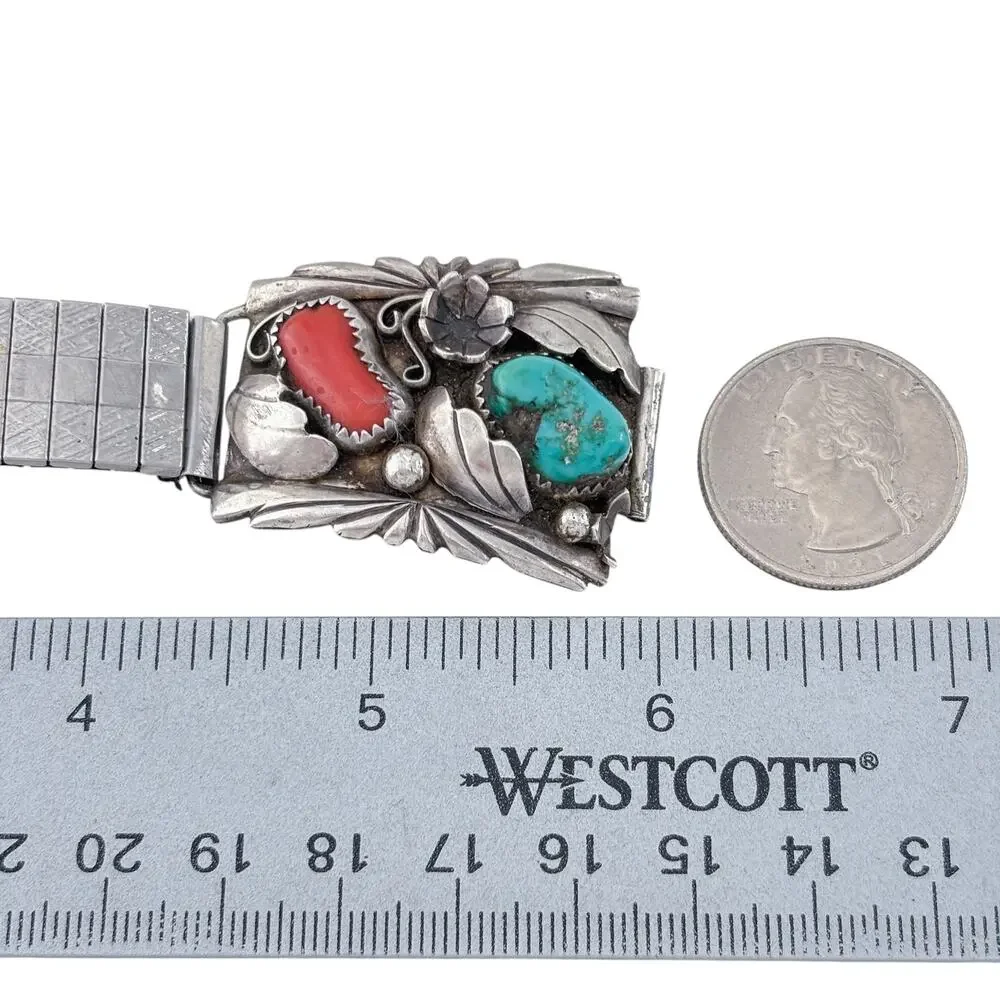 Vintage Southwest Sterling Silver 925 Turquoise Coral Watch Tips 6